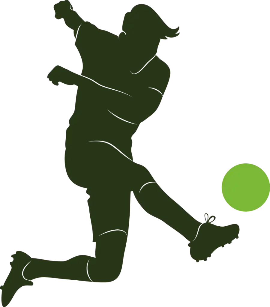 Minimal green silhouette illustration of a football player kicking a ball in a modern sporty graphic style.